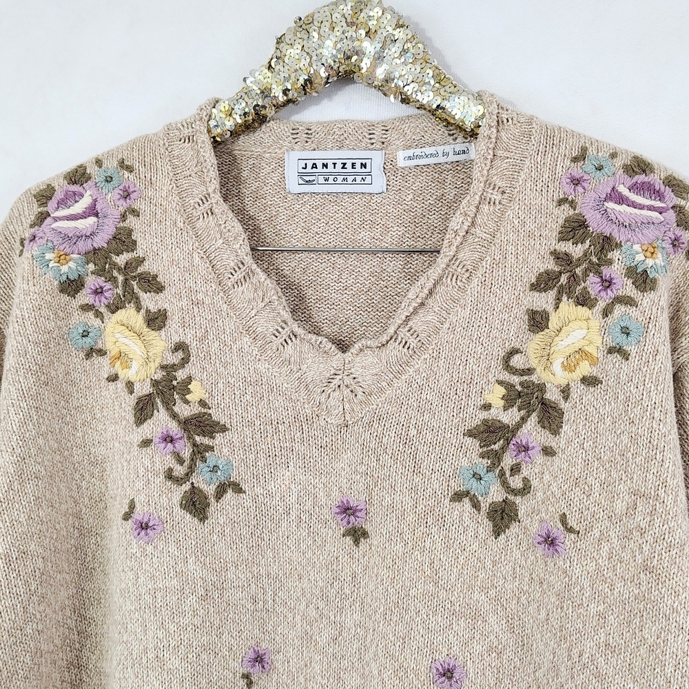 Vintage 90s Jantzen Women's Tan Plus Size Floral Embroidery Sweater Cottagecore - Picture 2 of 9
